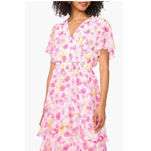Vince Camuto Floral Tiered Midi Dress Violet Blush Size Large